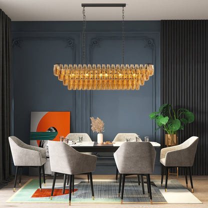 54-Inch black rectangular 12-light smoke glass chandelier with metal chains for dining room on Tampa Home & Garden Store