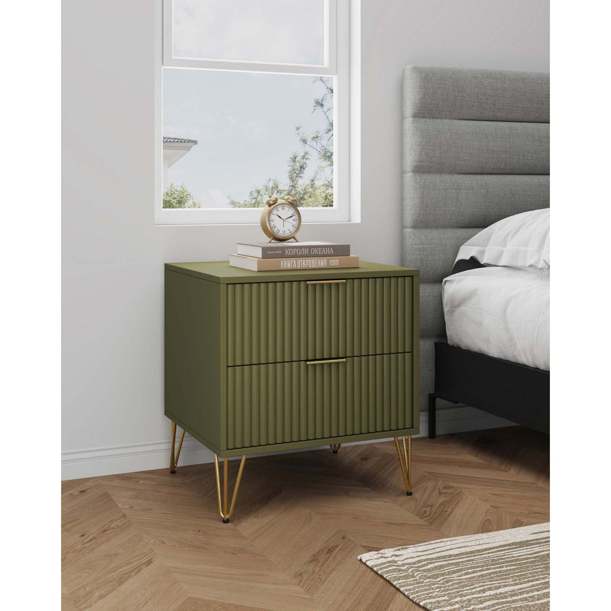 HouseOfZazla Dumbo Nightstand with 2 fluted drawers in olive green, gold legs on Tampa Home & Garden Store