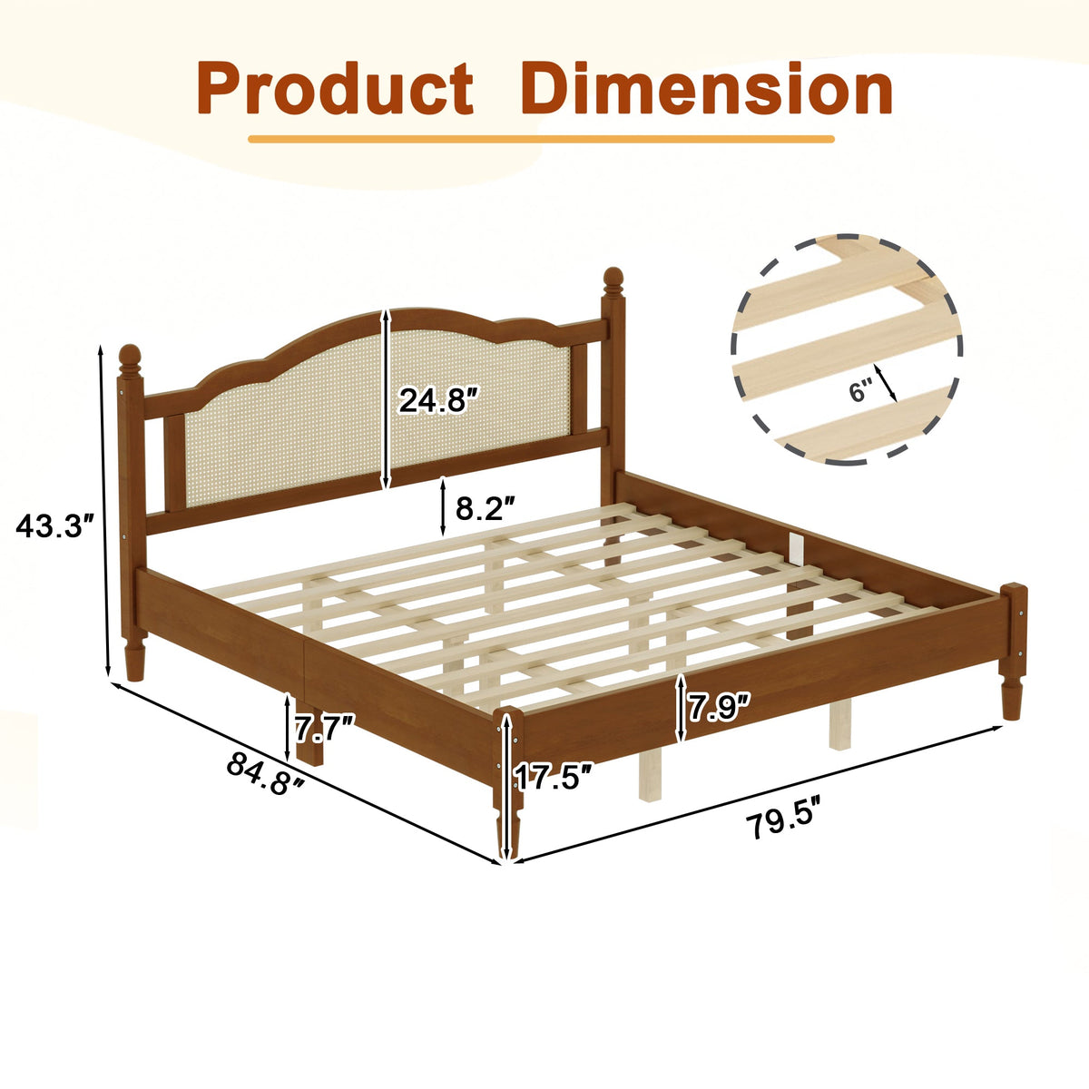 King size wooden platform bed with rattan headboard and slatted base in brown wood on Tampa Home & Garden Store