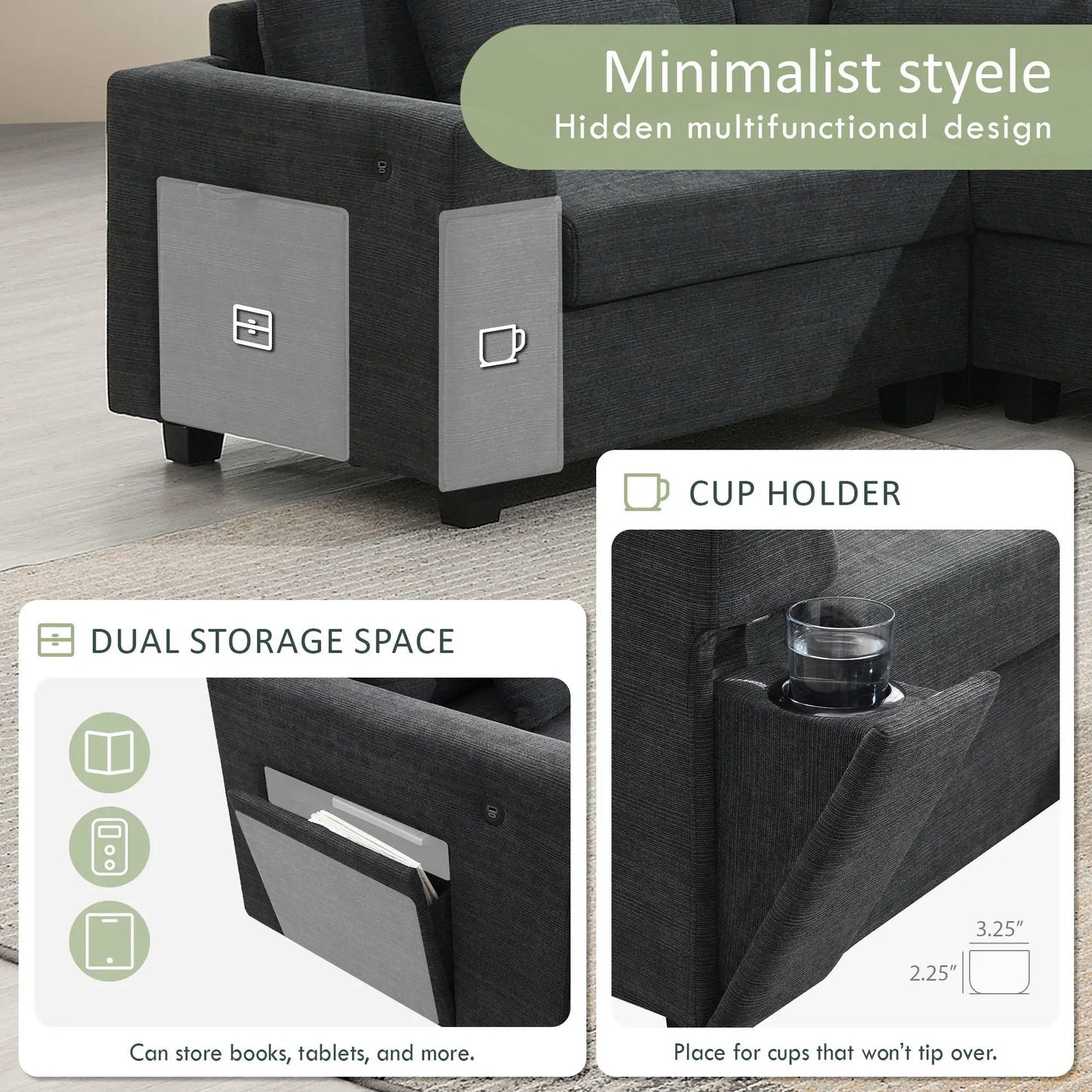U-shaped sectional sofa in dark gray with ottoman and hidden storage cup holders USB ports on Tampa Home & Garden Store