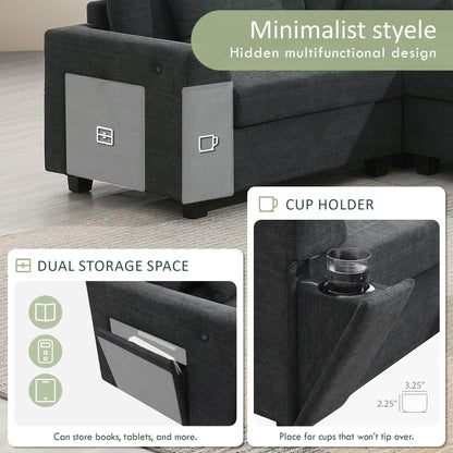 U-shaped sectional sofa in dark gray with ottoman and hidden storage cup holders USB ports on Tampa Home & Garden Store