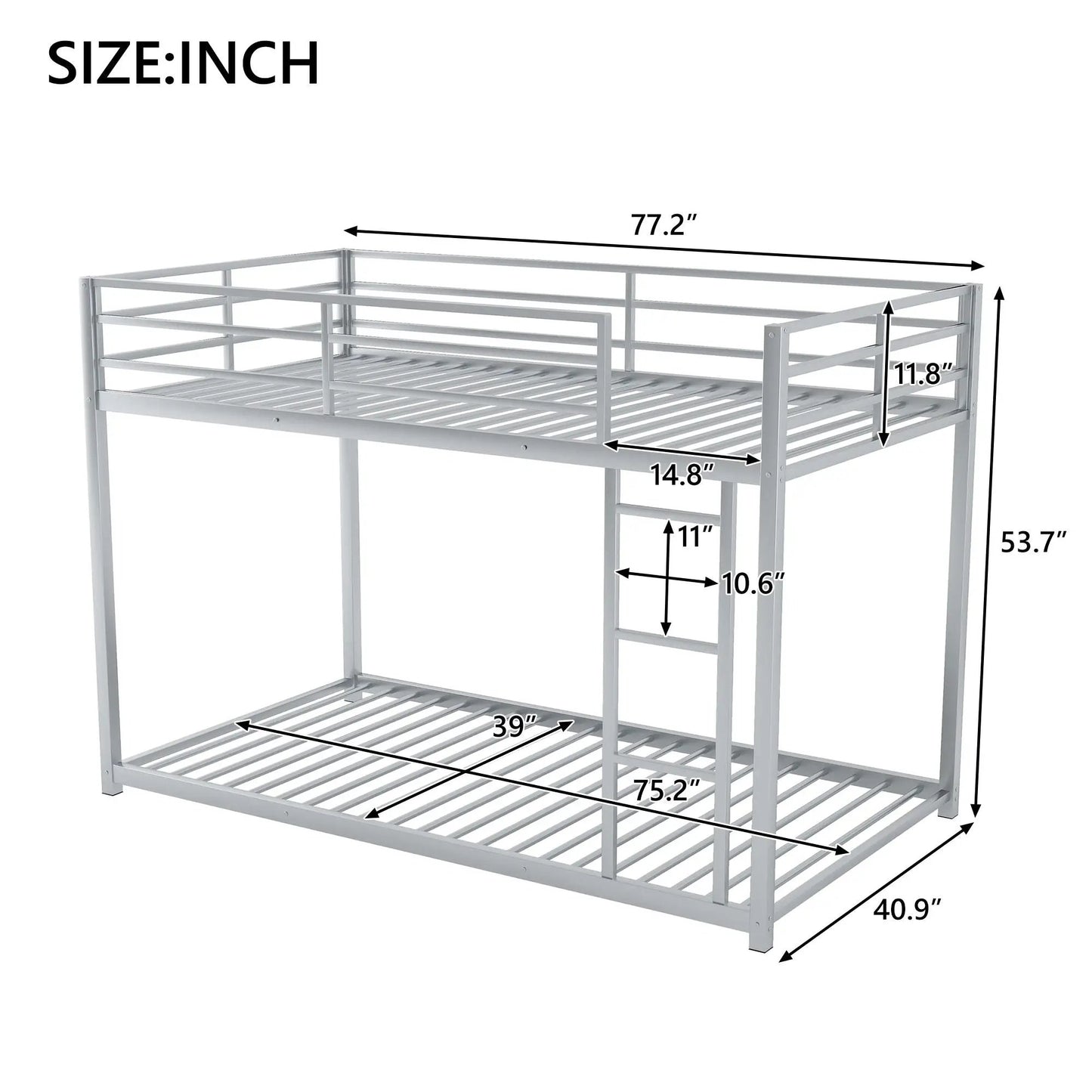 Metal bunk bed with ladder, low two-level frame in silver metal by Unique Piece Furniture on Tampa Home & Garden Store