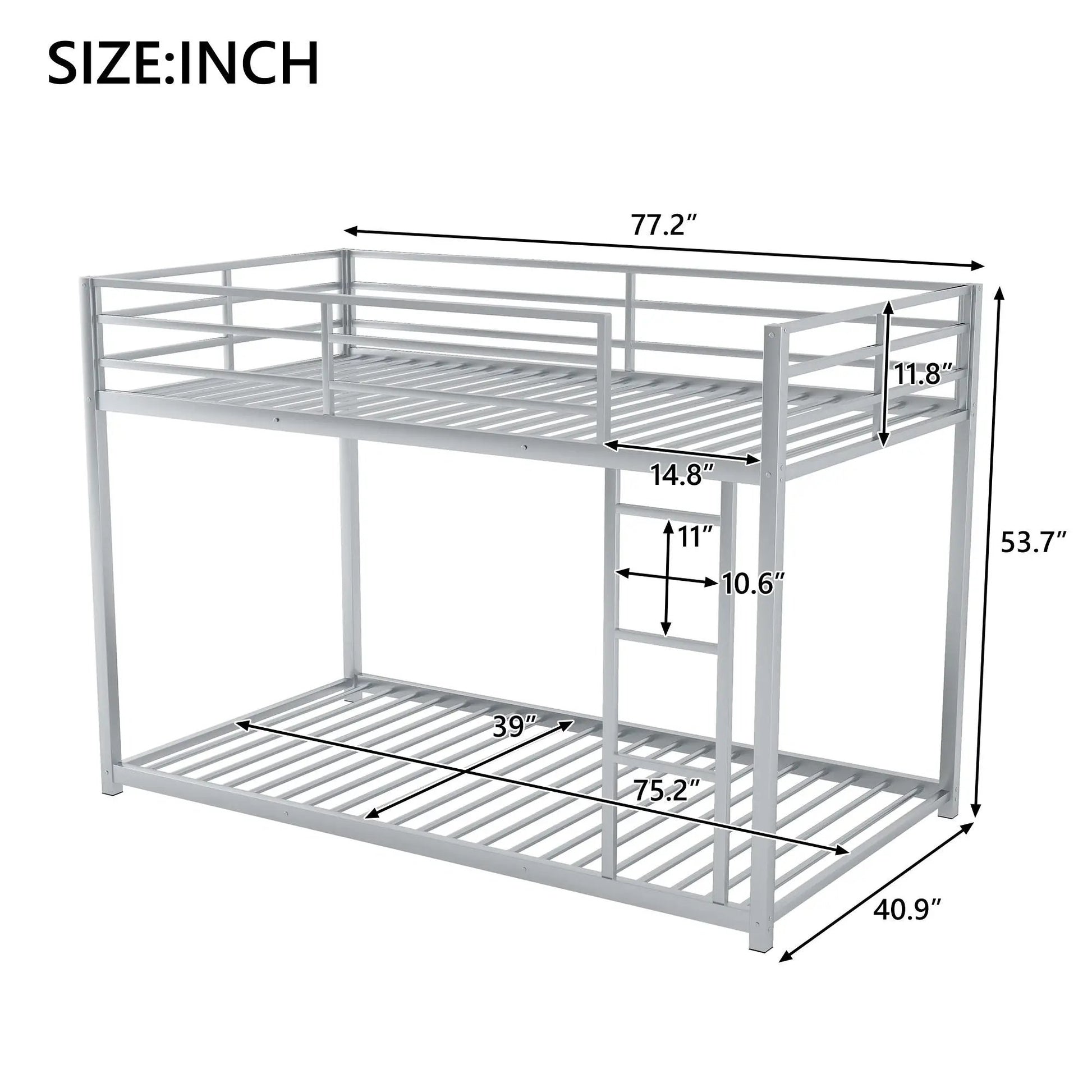 Metal bunk bed with ladder, low two-level frame in silver metal by Unique Piece Furniture on Tampa Home & Garden Store