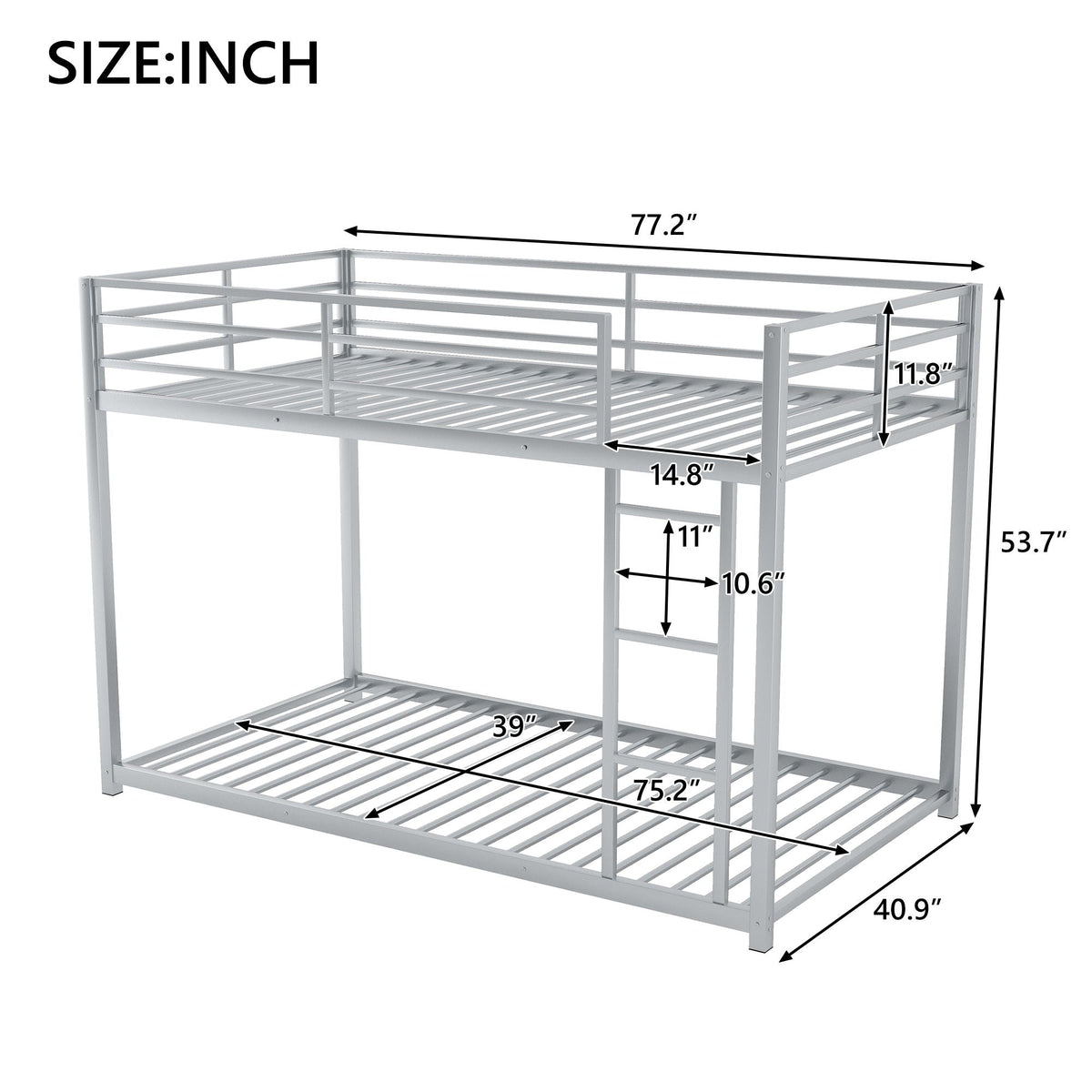 Metal bunk bed, low bunk with ladder, silver finish, guard rails on top bunk on Tampa Home & Garden Store