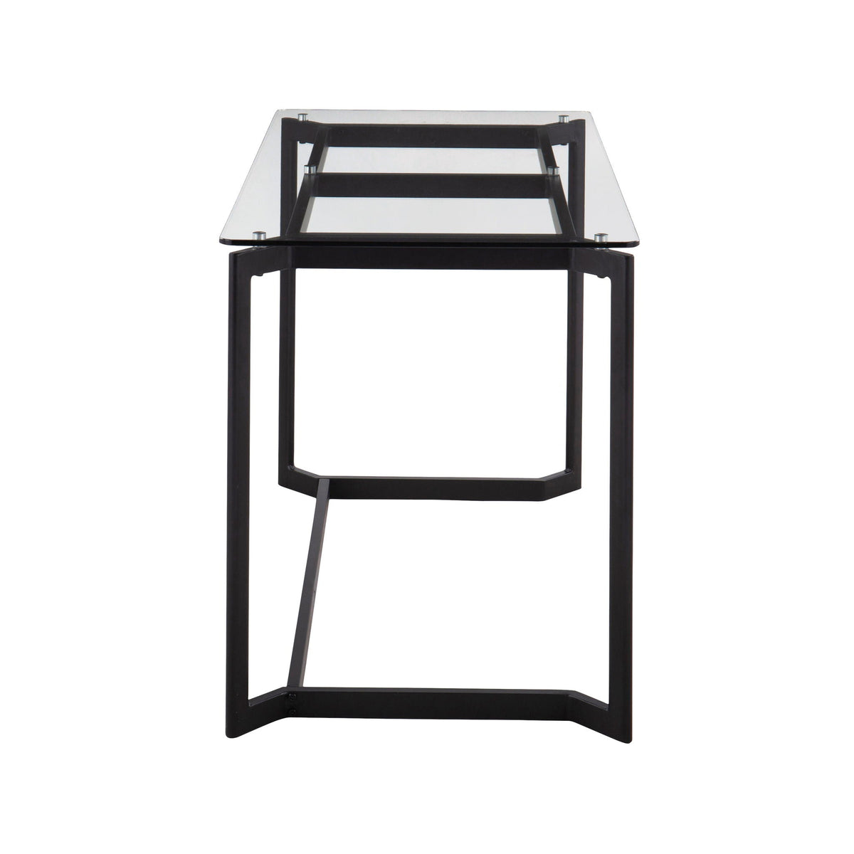 Modern office desk with clear tempered glass top and black metal frame on Tampa Home & Garden Store