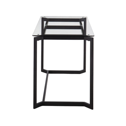 Modern office desk with clear tempered glass top and black metal frame on Tampa Home & Garden Store