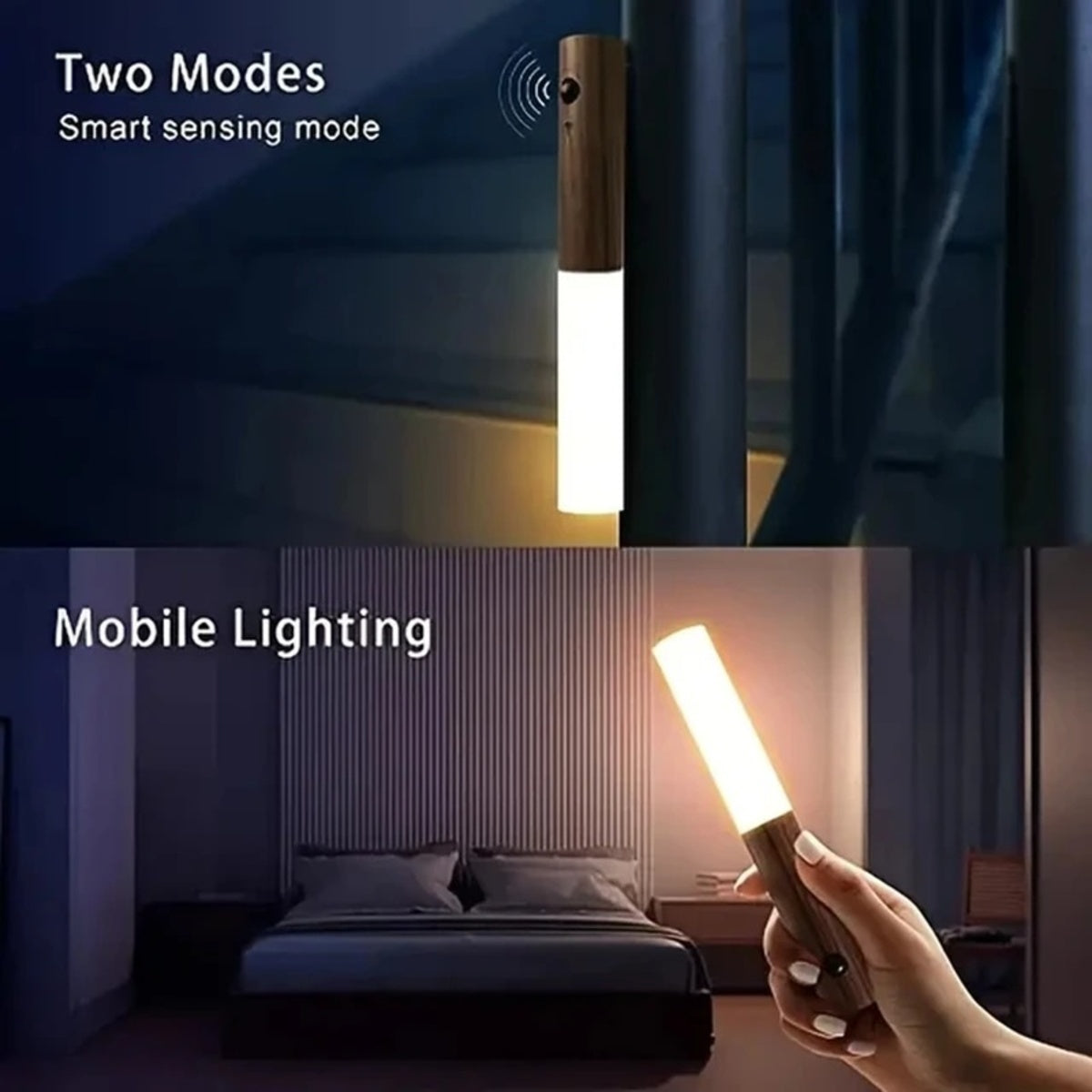 Rechargeable Motion Sensor Night Light – Magnetic Wooden Wall Lamp, brown wood body with white light on Tampa Home & Garden Store