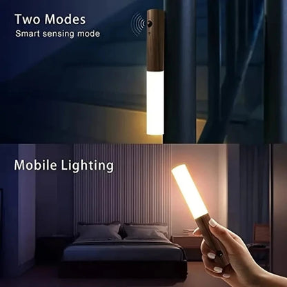 Rechargeable Motion Sensor Night Light – Magnetic Wooden Wall Lamp, brown wood body with white light on Tampa Home & Garden Store