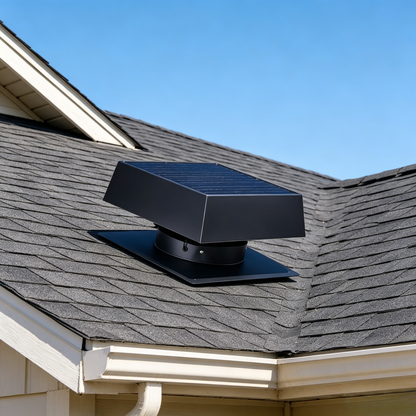 12in flush mount trapezoid solar attic vent with dual power roof exhaust fan on roof on Tampa Home & Garden Store
