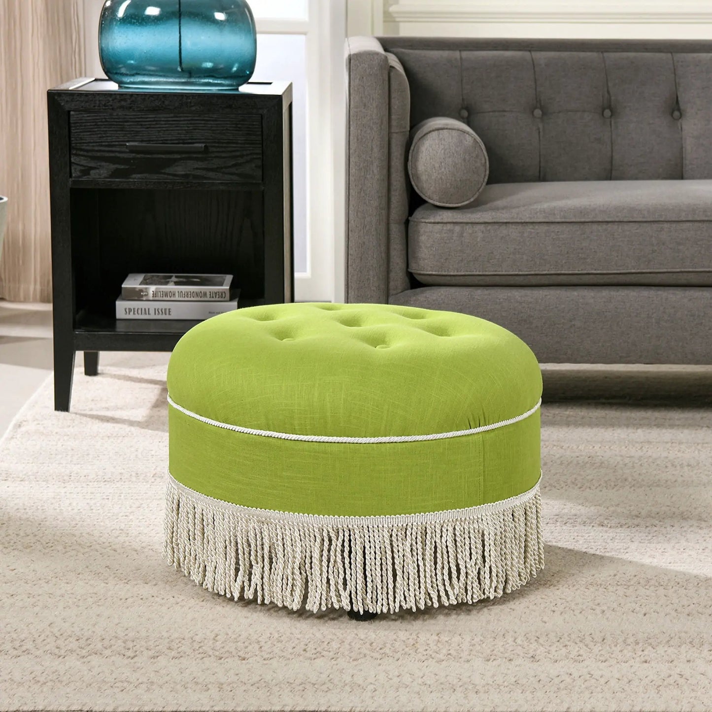 Yolanda Round Upholstered Accent Ottoman lime green with fringe trim on Tampa Home & Garden Store