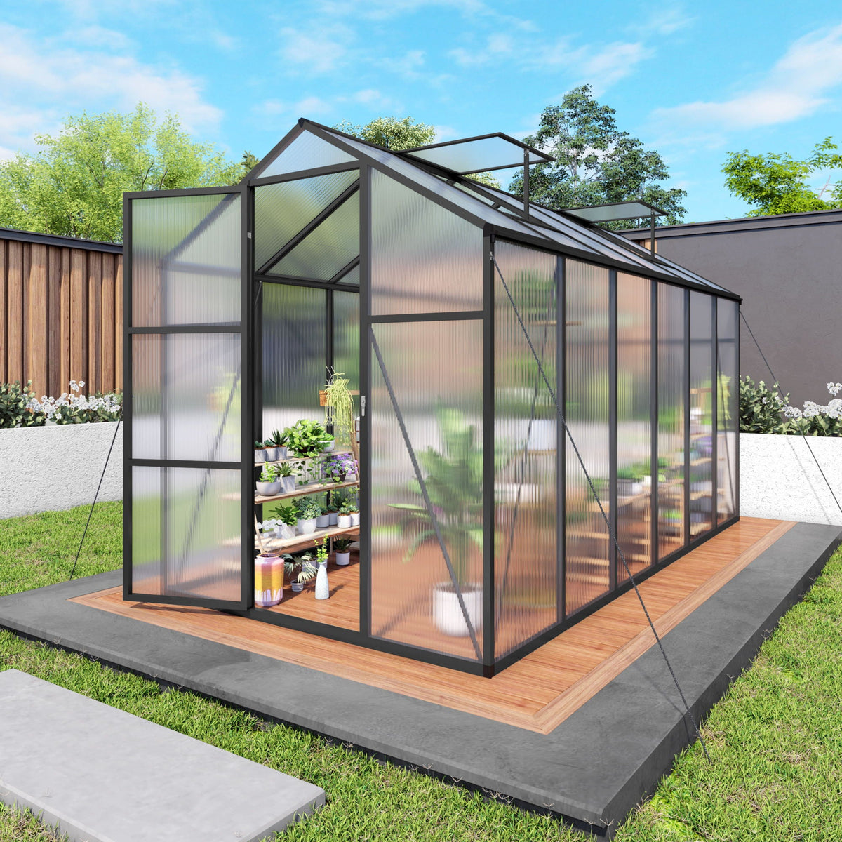Windproof greenhouse with raised base, black frame and polycarbonate panels by HouseOfZazla on Tampa Home & Garden Store
