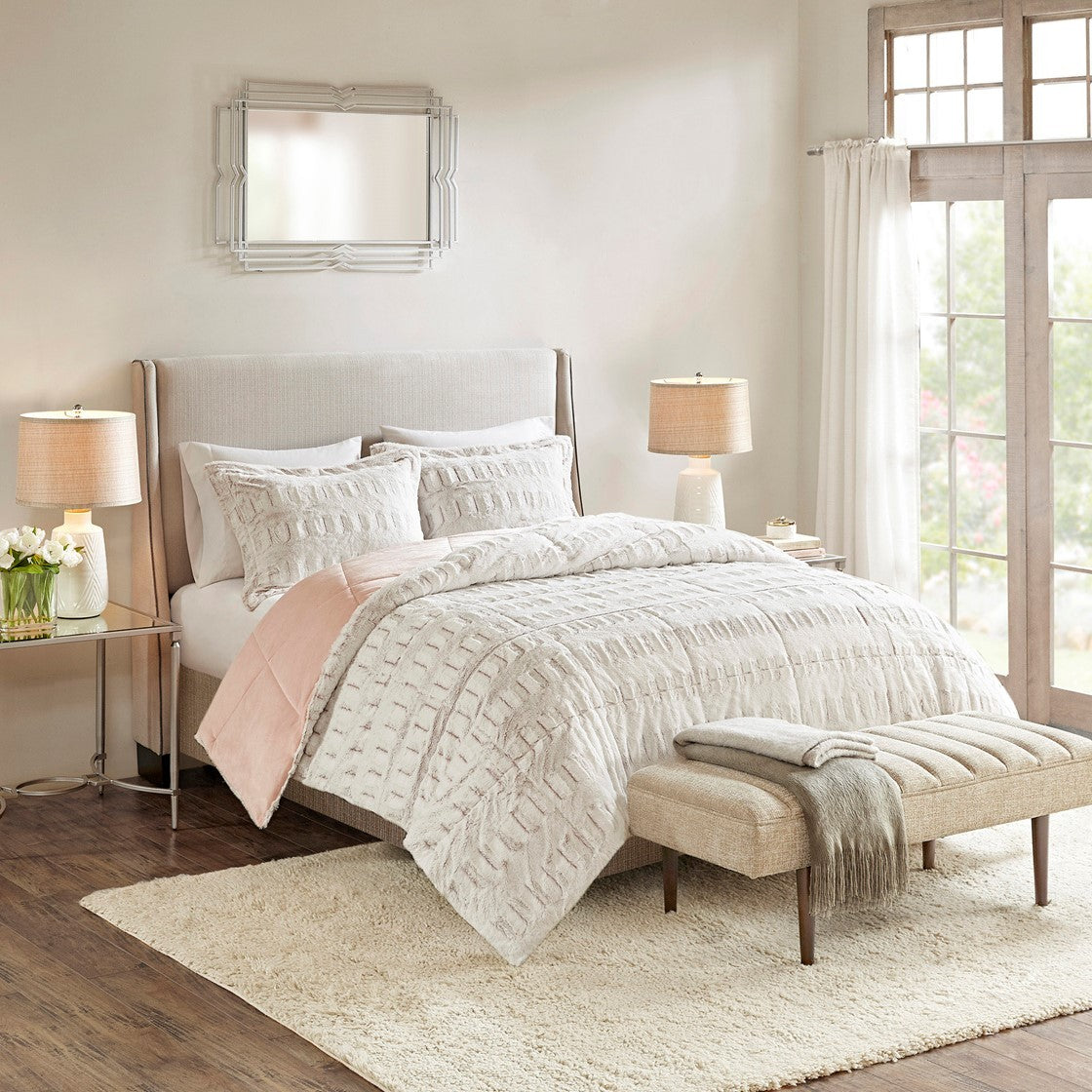 HouseOfZazla King/Cal King Back Print Long Fur Comforter Mini Set in cream textured fur on Tampa Home & Garden Store