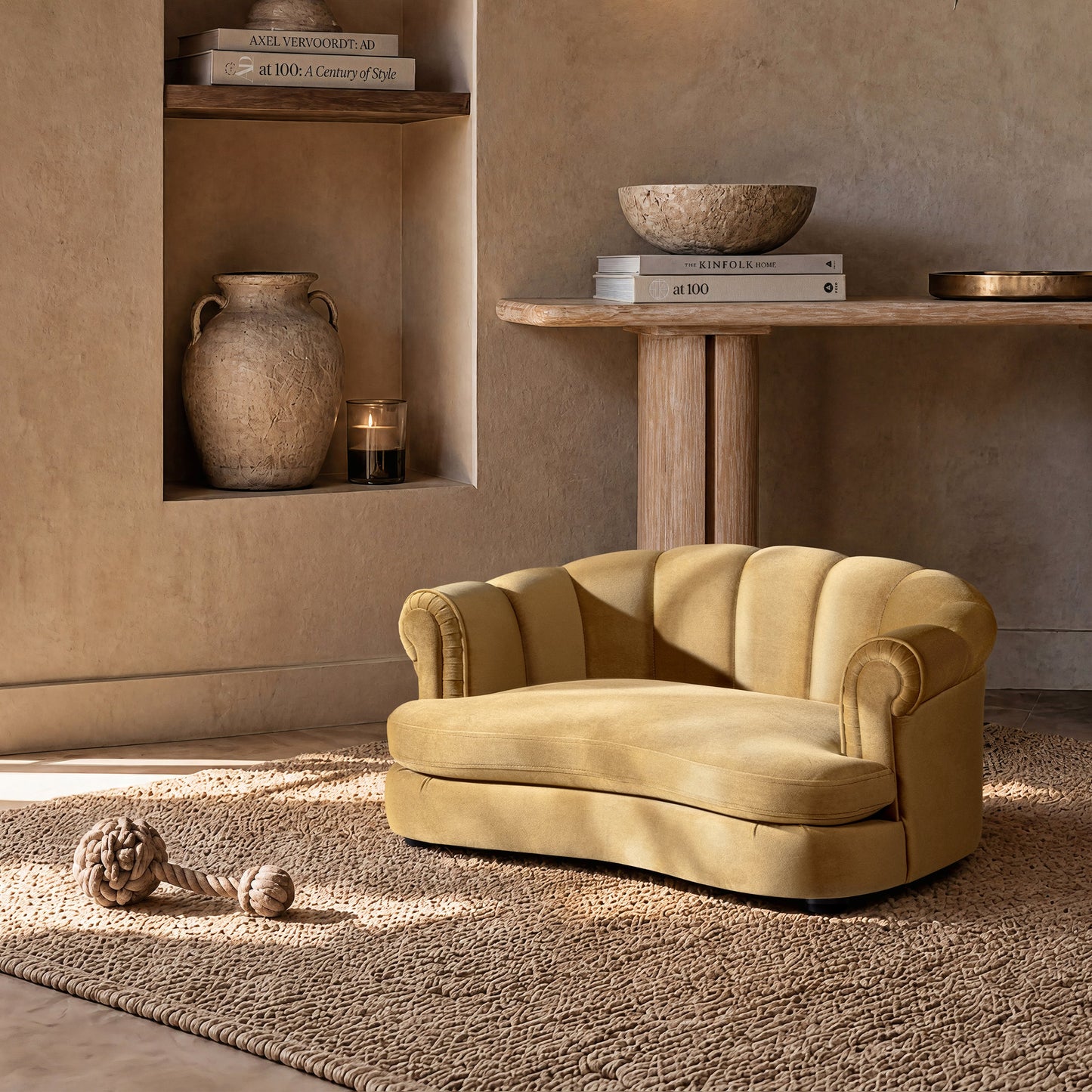 Halle 35.5in Rolled Arm Channel-Tufted Dog Sofa Bed by HouseOfZazla in warm beige upholstery on Tampa Home & Garden Store