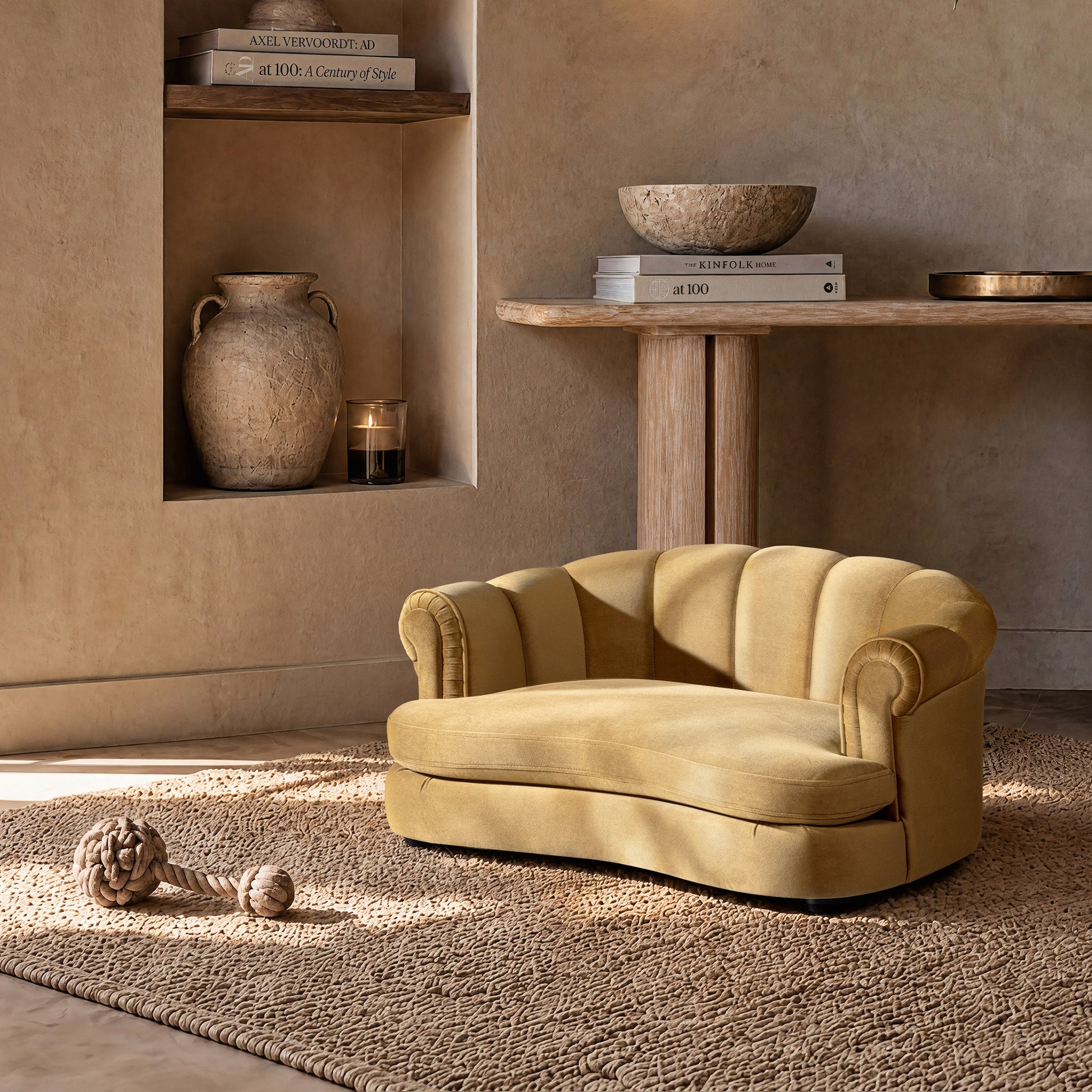 Halle 35.5in Rolled Arm Channel-Tufted Dog Sofa Bed by HouseOfZazla in warm beige upholstery on Tampa Home & Garden Store