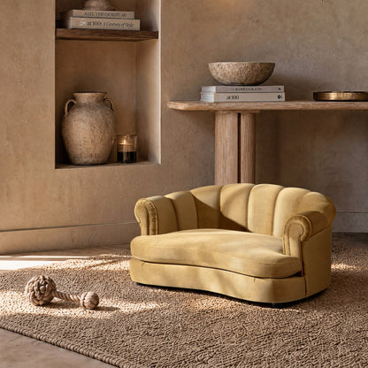 Halle 35.5in Rolled Arm Channel-Tufted Dog Sofa Bed by HouseOfZazla in warm beige upholstery on Tampa Home & Garden Store