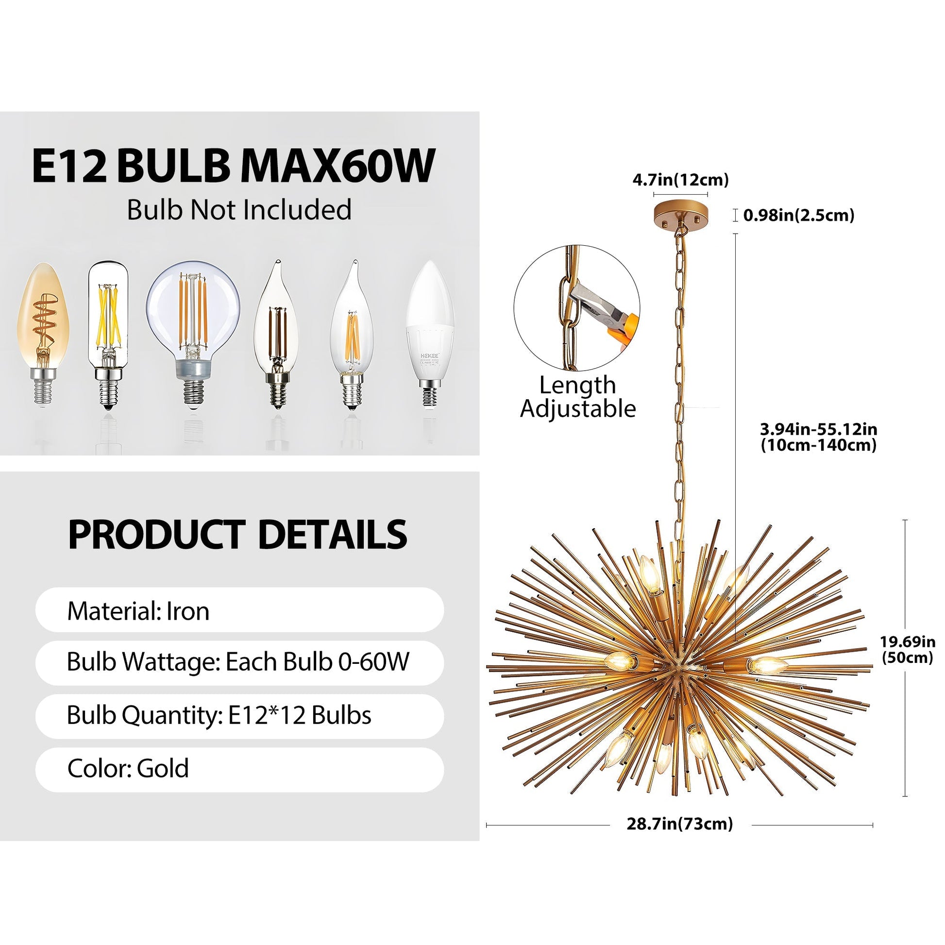 29in mid-century modern 12-light starburst chandelier gold metal by HouseOfZazla on Tampa Home & Garden Store