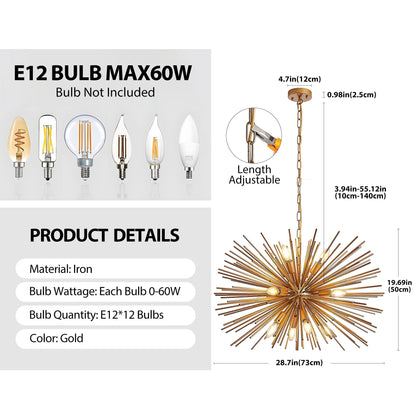 29in mid-century modern 12-light starburst chandelier gold metal by HouseOfZazla on Tampa Home & Garden Store