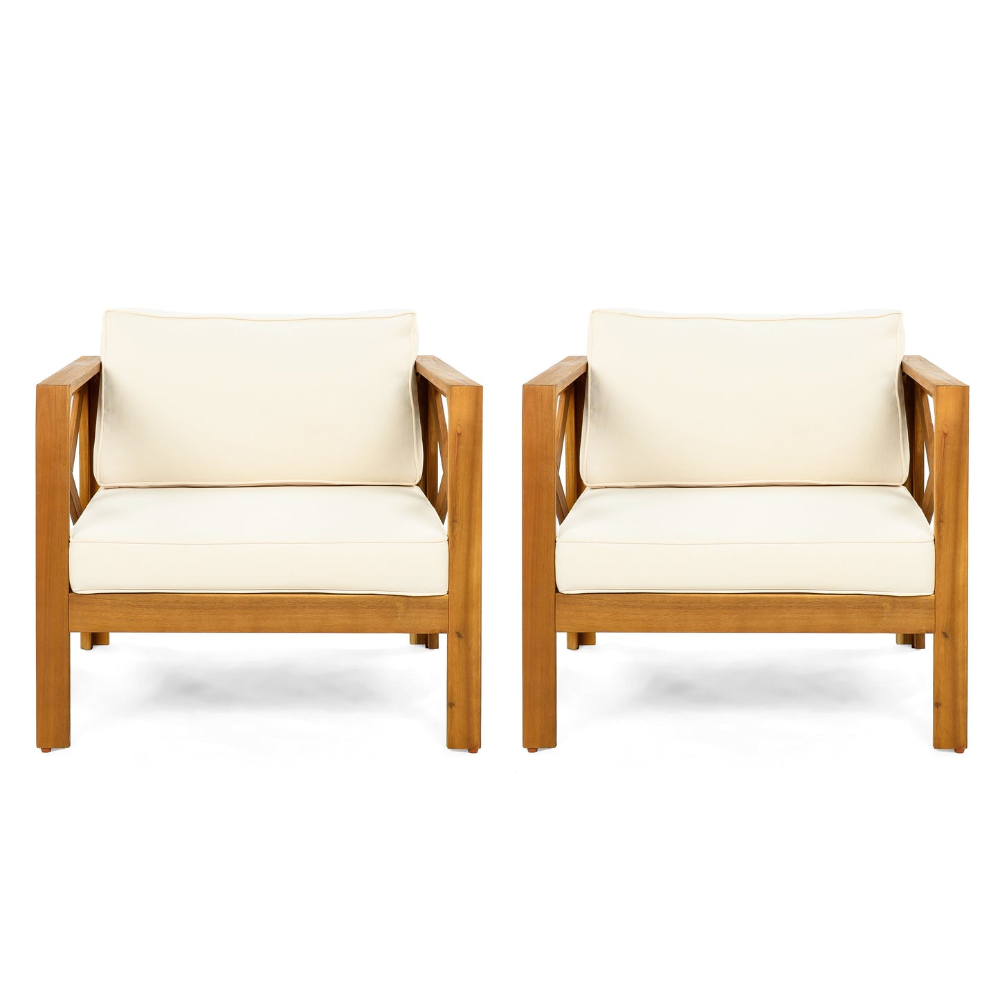 Set of 2 HouseOfZazla outdoor acacia wood club chairs with cream cushions on Tampa Home & Garden Store