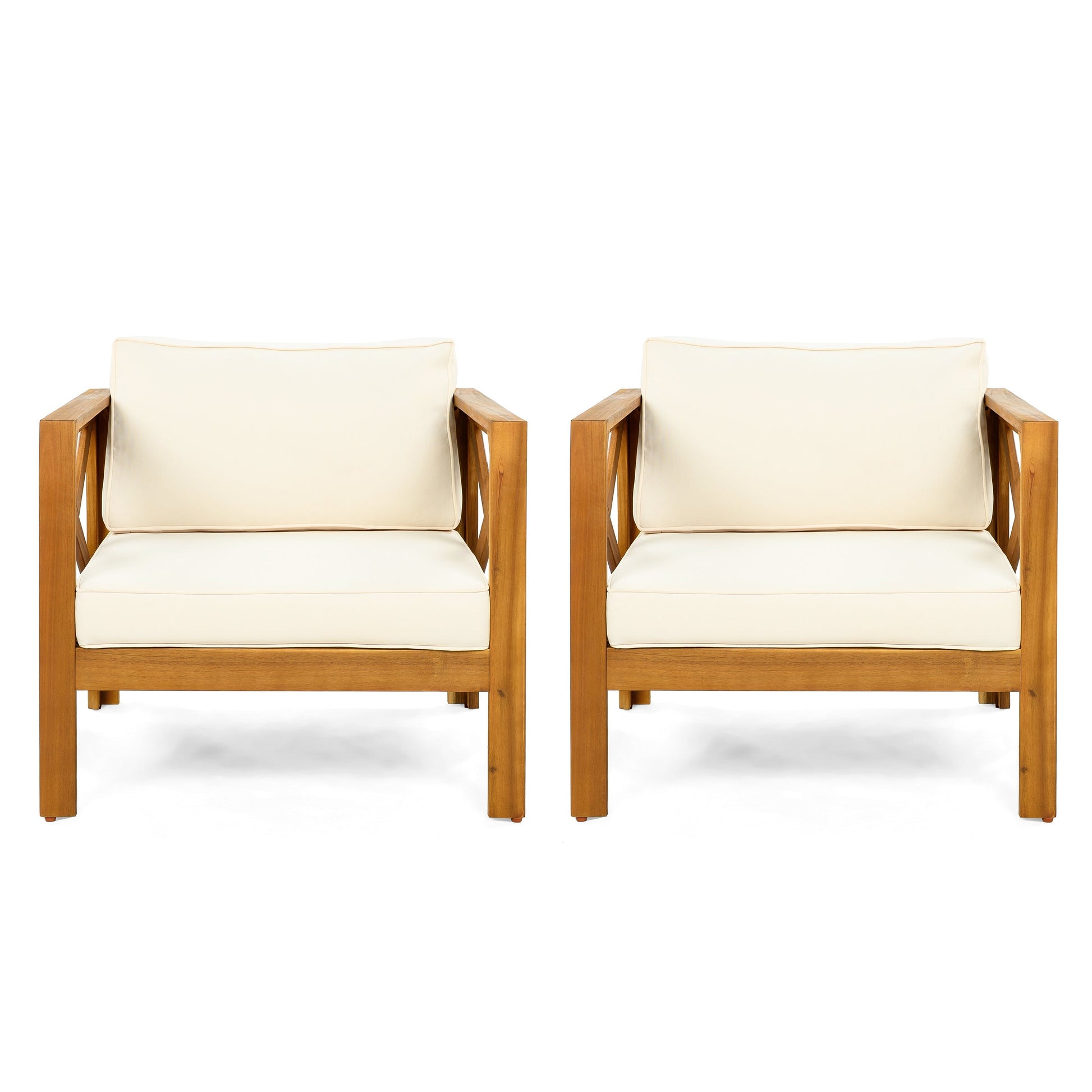 Outdoor club chairs in natural acacia wood with cream cushions, 2-piece set on Tampa Home & Garden Store