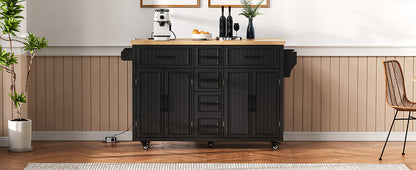 K&K 56.5'' Kitchen Island with Drop-Leaf Power Outlet, black cabinets, warm wood top, casters on Tampa Home & Garden Store