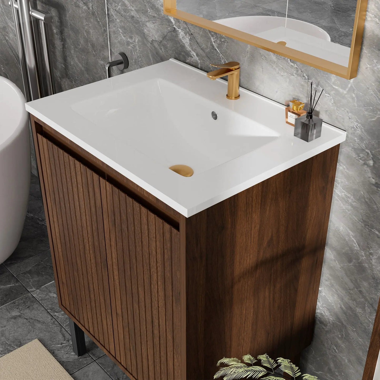 Bathroom vanity with ceramic sink, wood veneer cabinet, gold faucet, soft-close drawers on Tampa Home & Garden Store