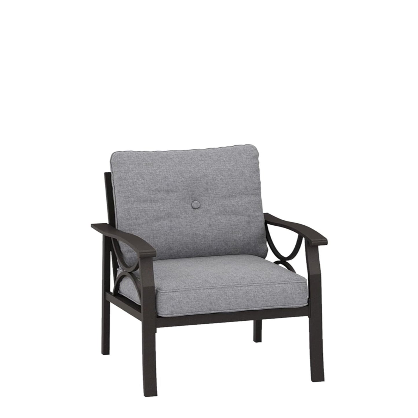 All Weather Armchair with Cushions gray cushions and sculptural dark frame on Tampa Home & Garden Store