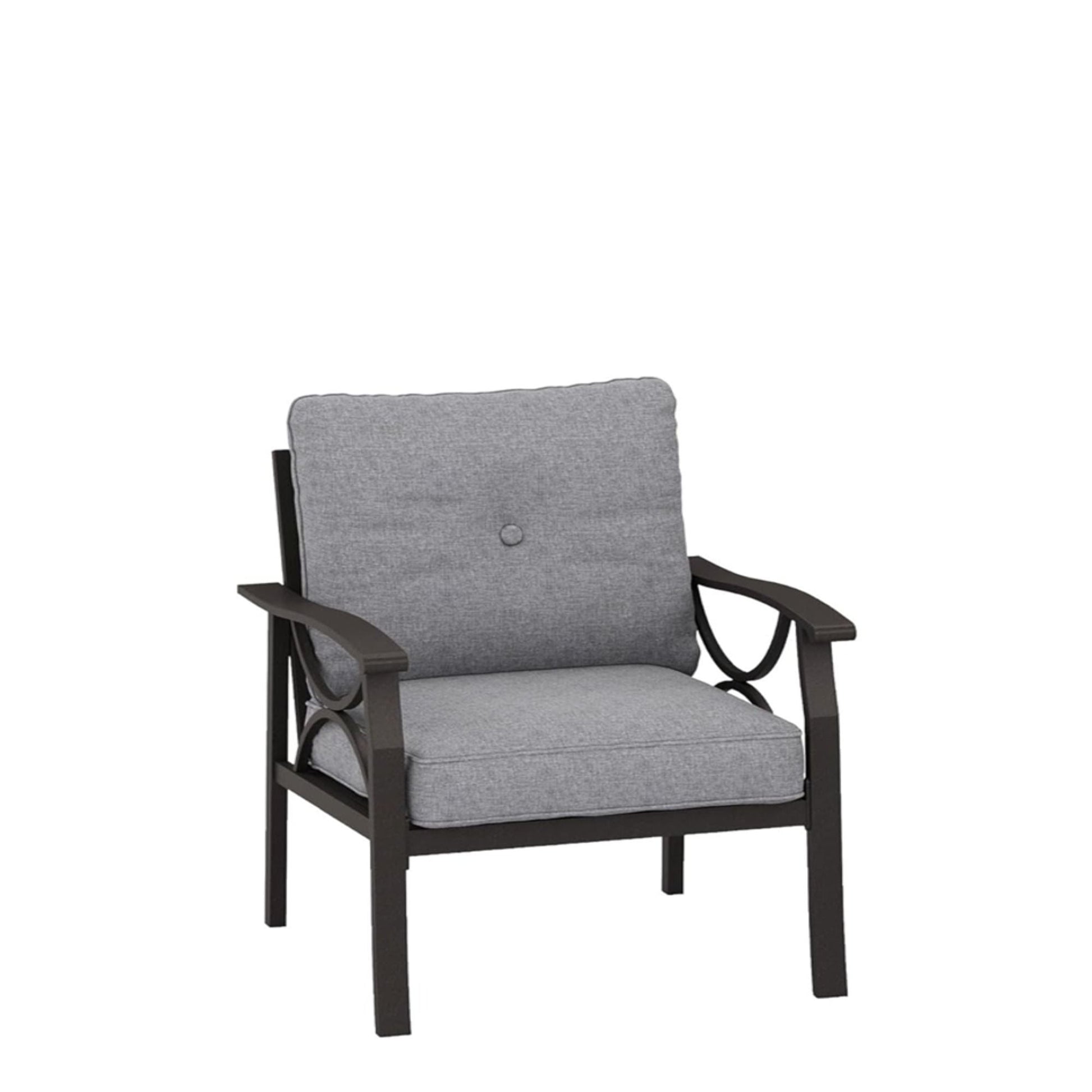 All Weather Armchair with Cushions gray cushions and sculptural dark frame on Tampa Home & Garden Store