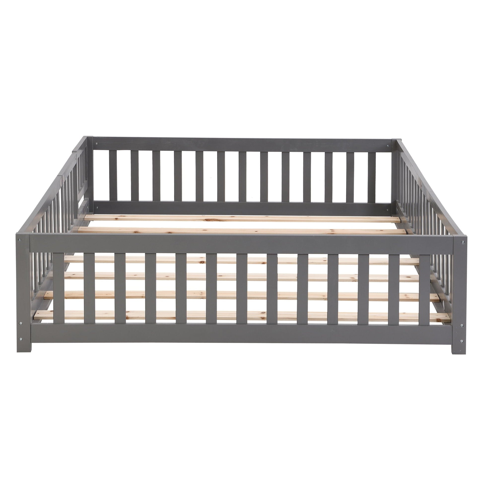 Platform gray bed with guard rails and wooden slats, HouseOfZazla floor bed for children on Tampa Home & Garden Store