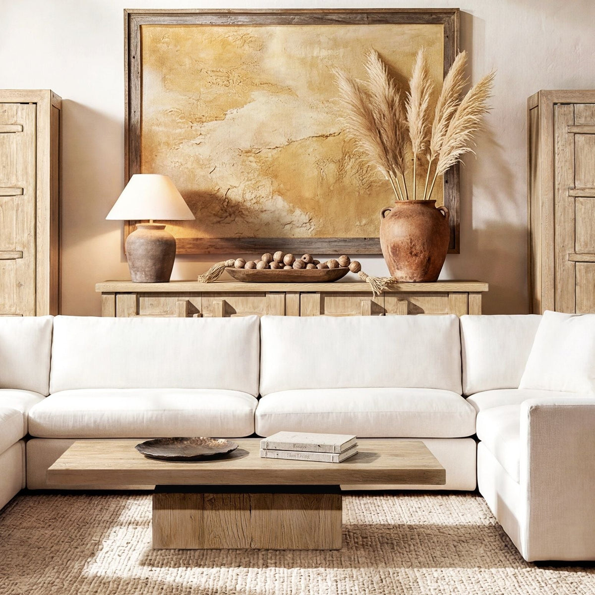 Natural 4-Door Sideboard Cabinet with carved handles in rustic wood finish on Tampa Home & Garden Store