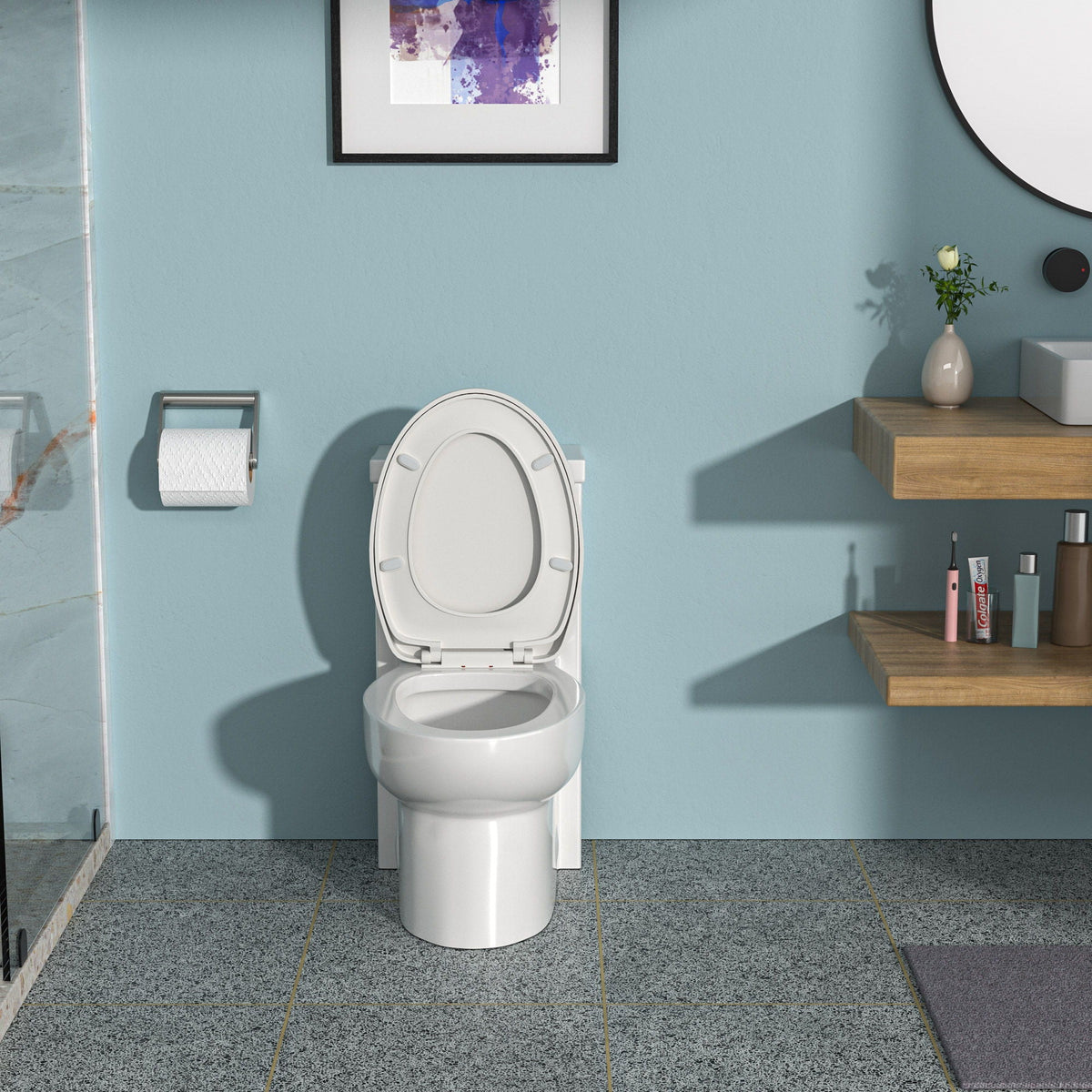 1-Piece white toilet with dual flush and soft-closing seat, teal bathroom wall on Tampa Home & Garden Store