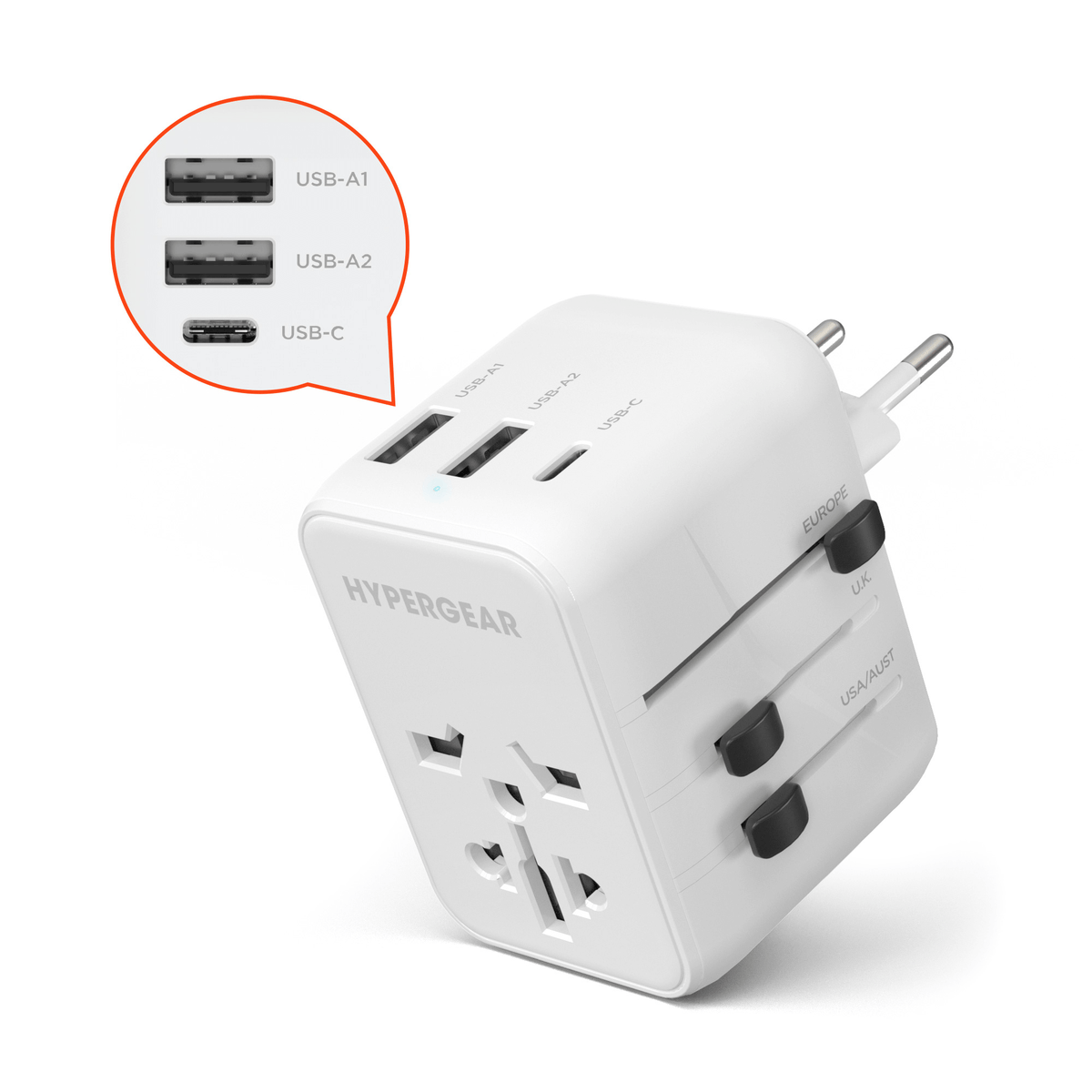 White HyperGear WorldCharge universal travel adapter with USB-C and two USB-A ports on Tampa Home & Garden Store