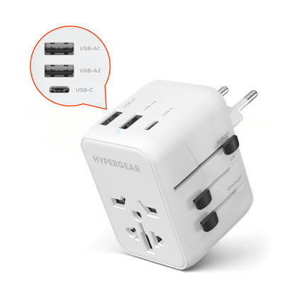 White HyperGear WorldCharge universal travel adapter with USB-C and two USB-A ports on Tampa Home & Garden Store