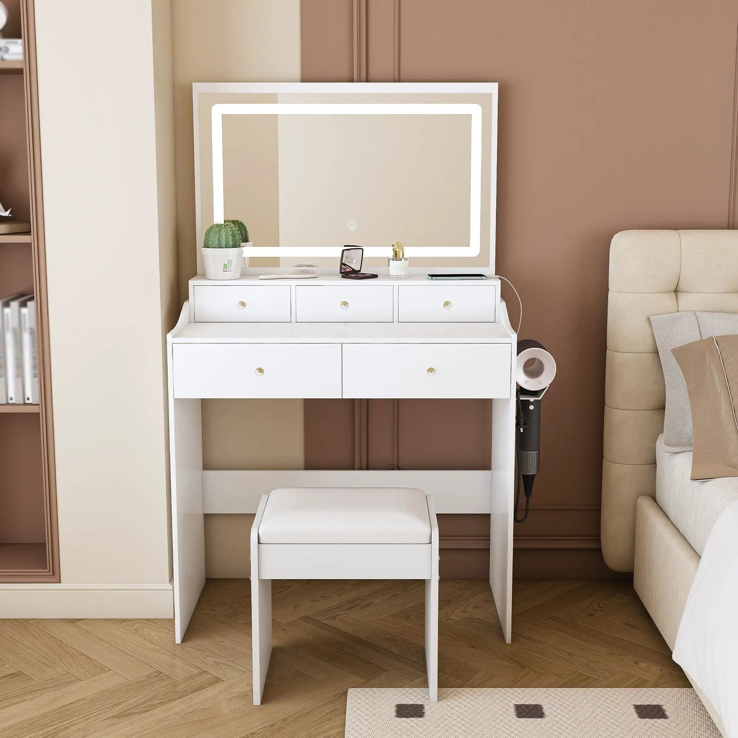 Modern makeup vanity set with power outlet, LED-framed mirror, drawers, and cushioned stool on Tampa Home & Garden Store