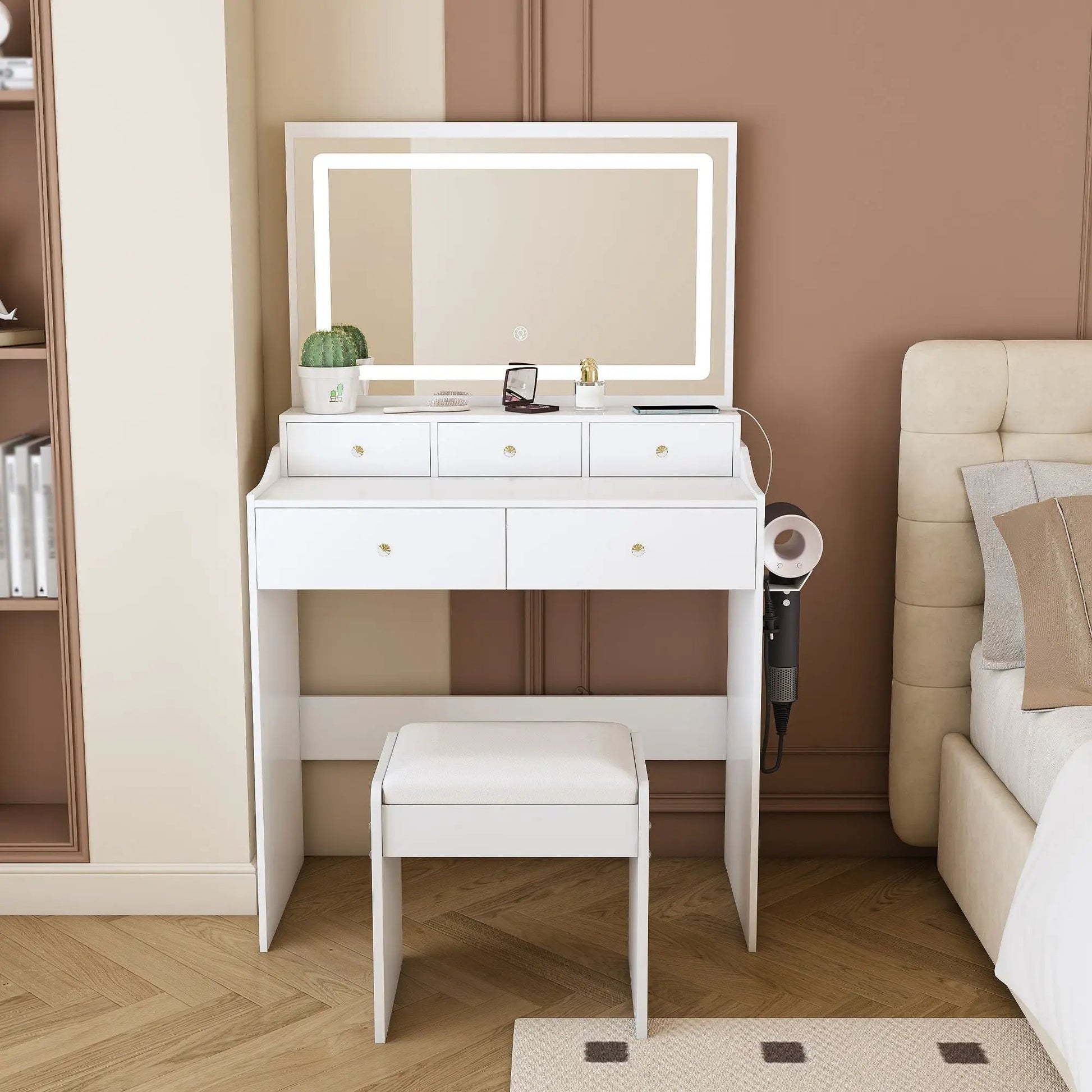 Modern makeup vanity set with power outlet, LED-framed mirror, drawers, and cushioned stool on Tampa Home & Garden Store