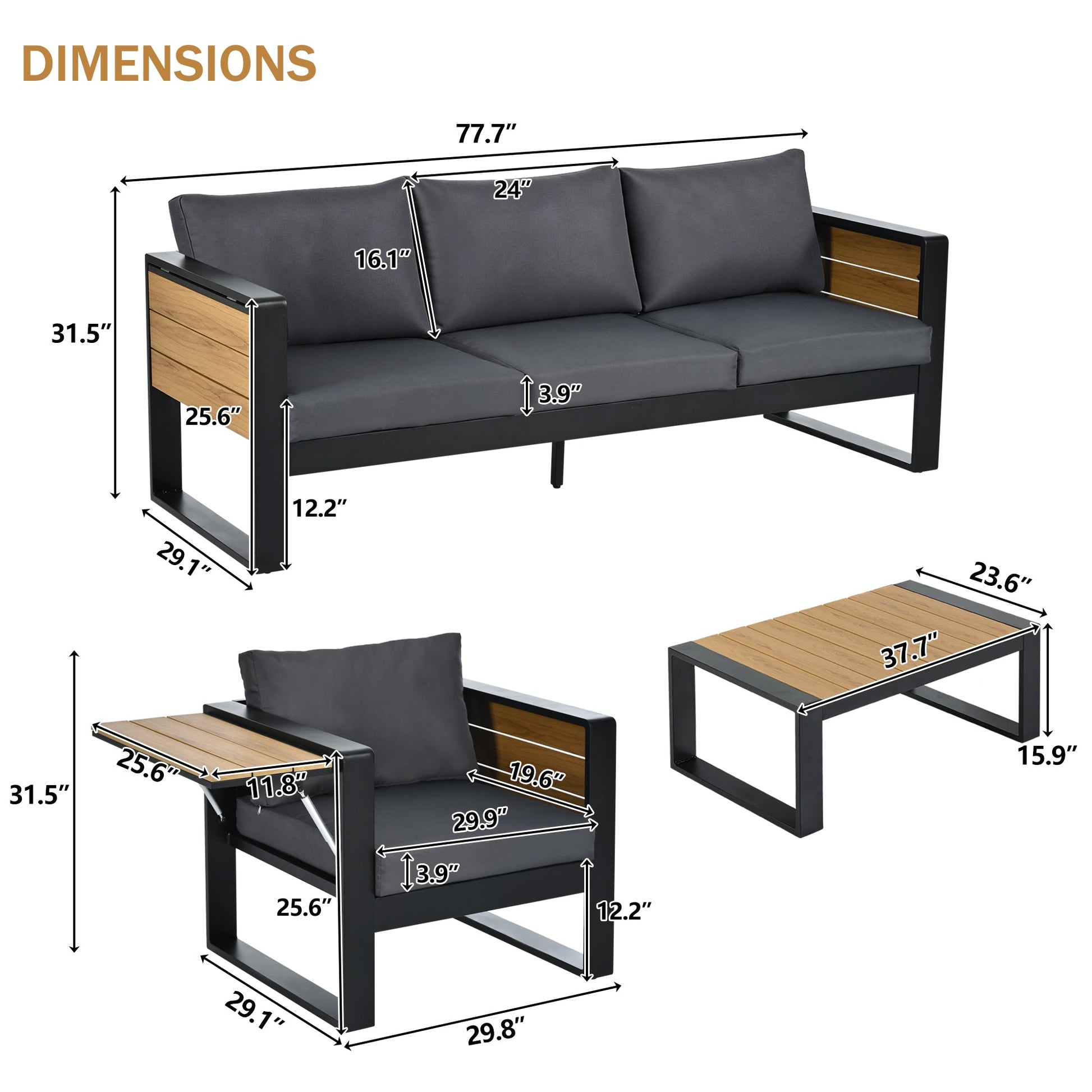 Aluminum frame 4-piece outdoor patio set for 5 by HouseOfZazla with black cushions on Tampa Home & Garden Store
