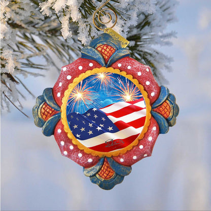Patriotic Fireworks Sculpted Hand-Painted Ornament by G.DeBrekht with American flag center on Tampa Home & Garden Store