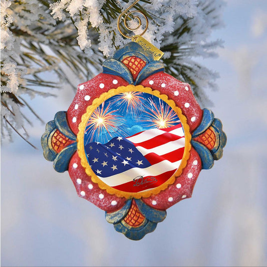 Patriotic Fireworks Sculpted Hand-Painted Ornament by G.DeBrekht with American flag center on Tampa Home & Garden Store