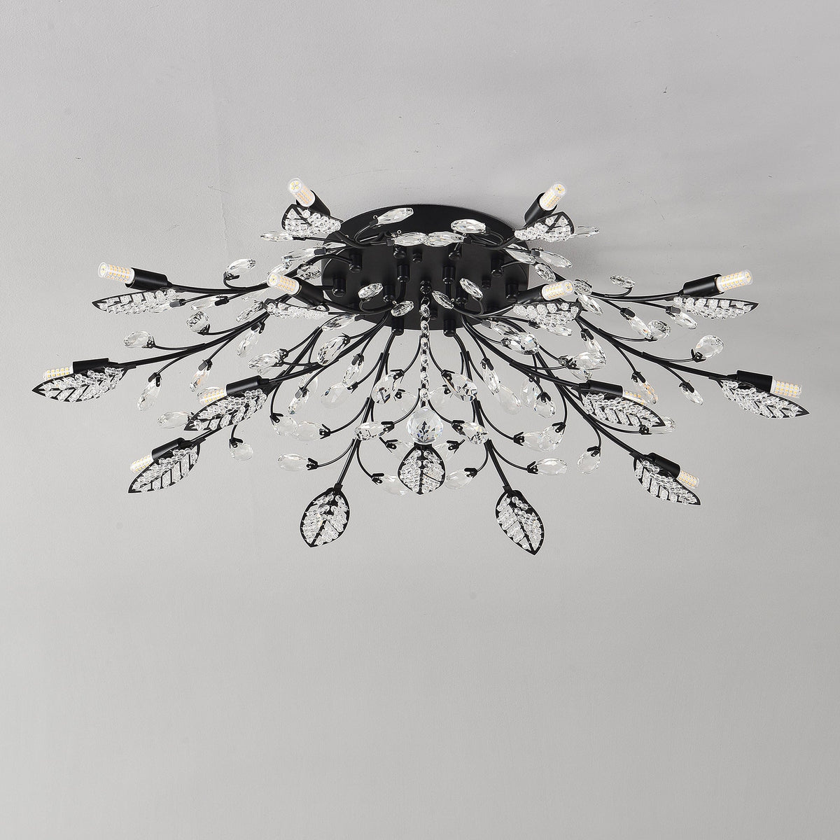 15-Light Crystal Chandelier ceiling lamp with black metal frame and crystal droplets on Tampa Home & Garden Store