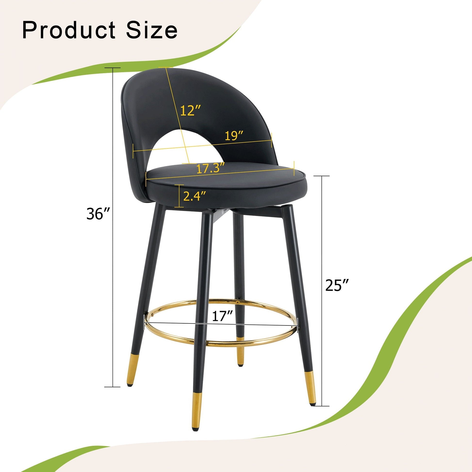 Set of 2 modern upholstered 360° rotatable bar chairs in black with metal legs and gold footrest on Tampa Home & Garden Store