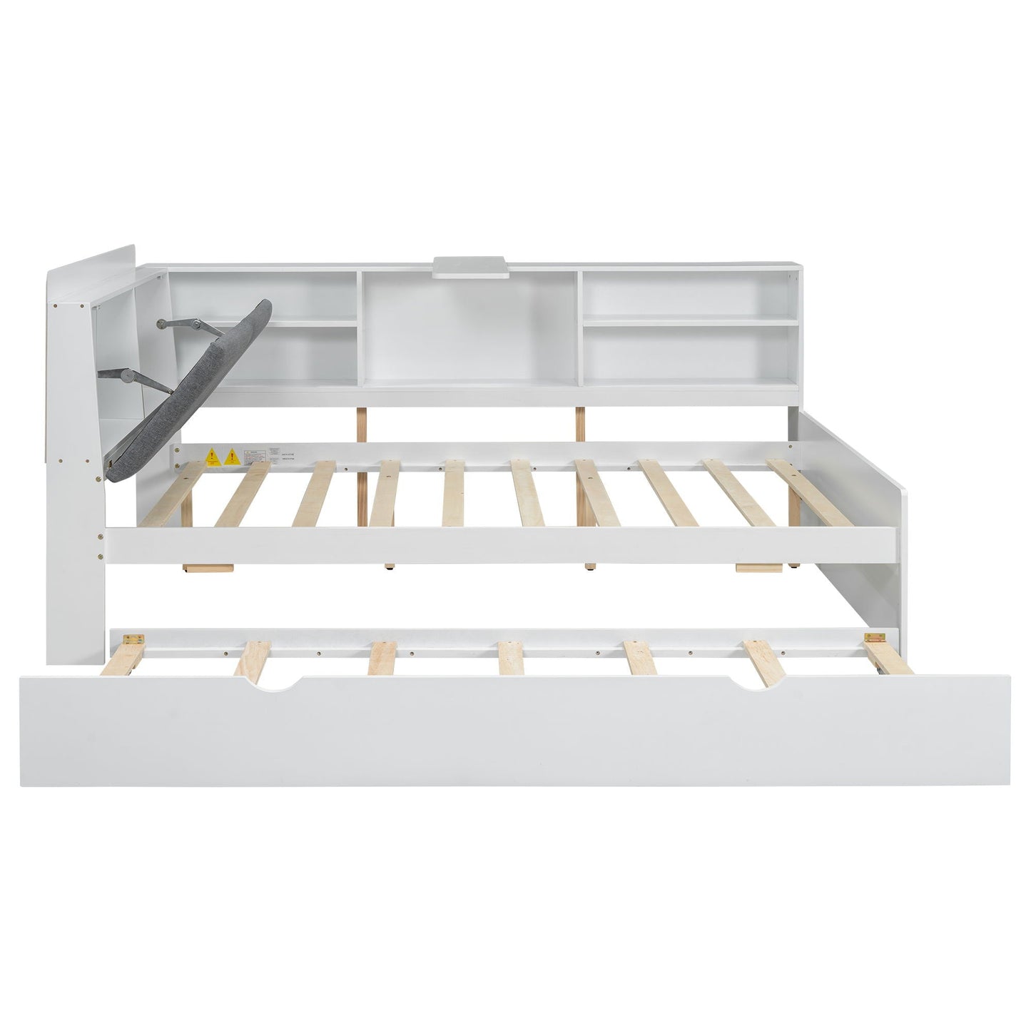 Platform bed with trundle in white, storage headboard with shelves on Tampa Home & Garden Store