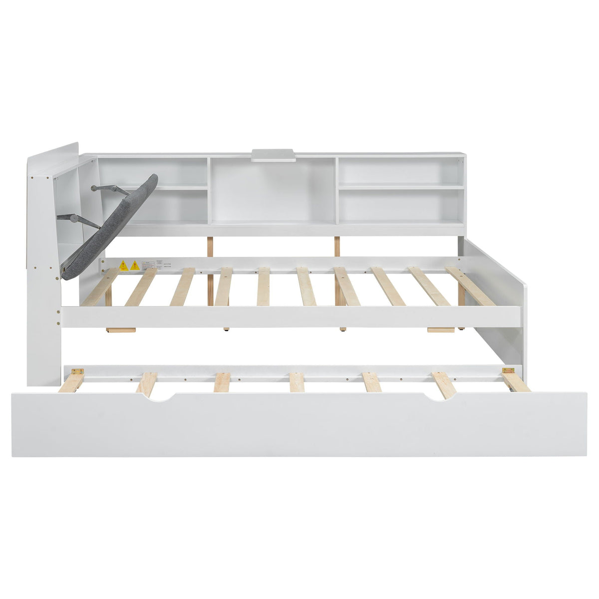 Platform bed with trundle in white, storage headboard with shelves on Tampa Home & Garden Store