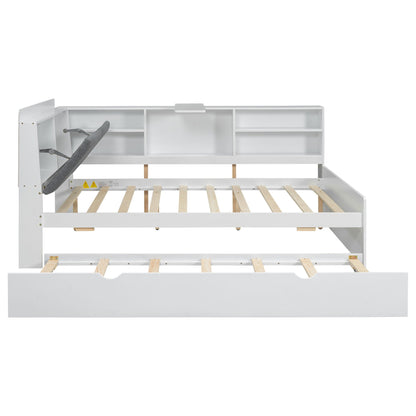 Platform bed with trundle in white, storage headboard with shelves on Tampa Home & Garden Store