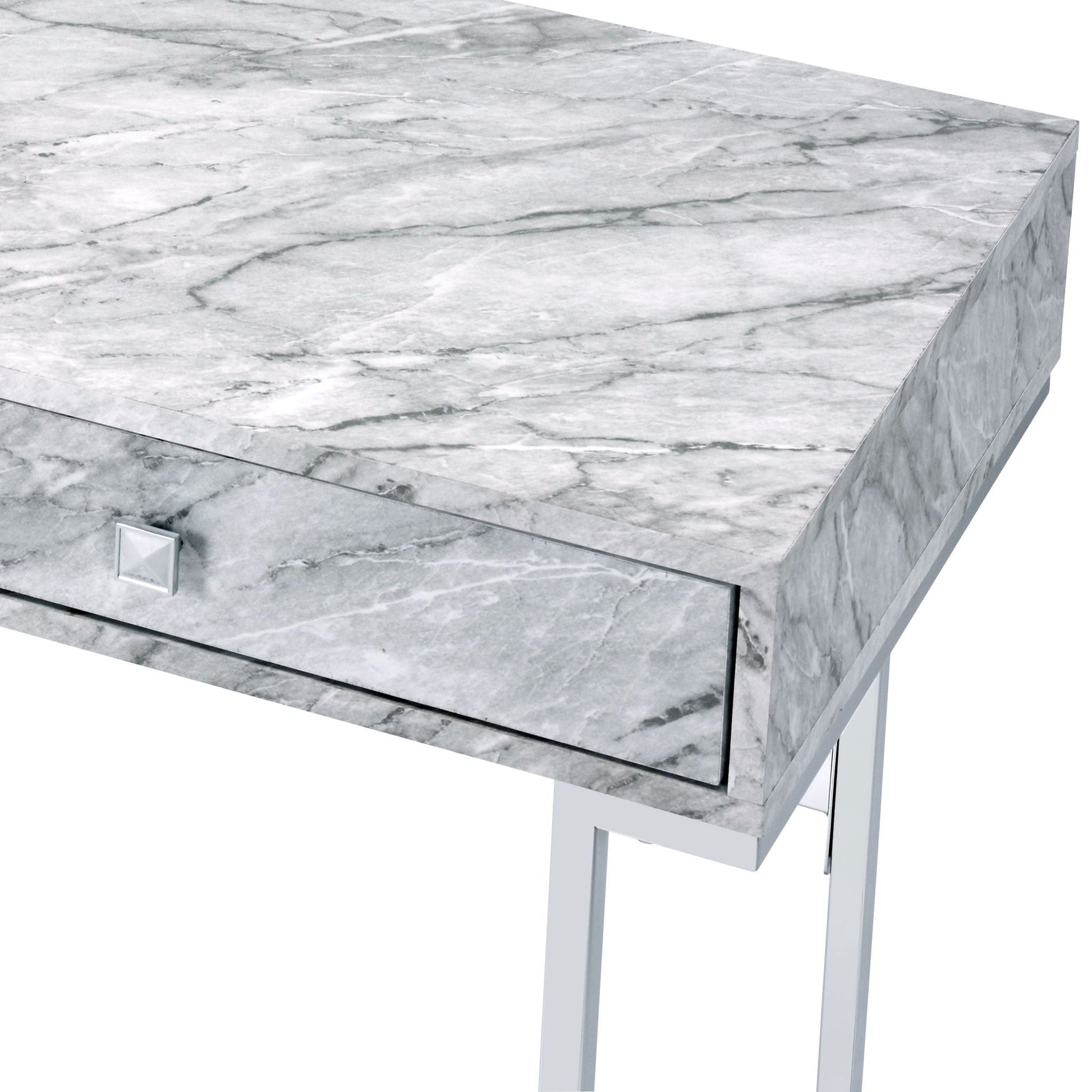 Tigress Faux Marble Top Writing Desk White by HouseOfZazla with silver legs and drawer pull on Tampa Home & Garden Store