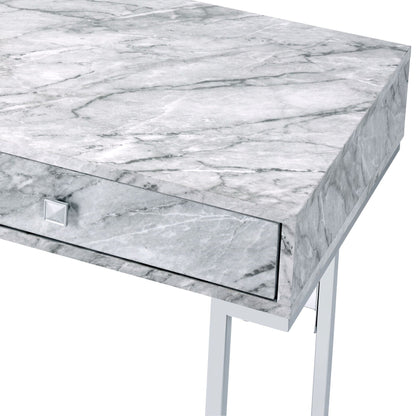 Tigress Faux Marble Top Writing Desk White by HouseOfZazla with silver legs and drawer pull on Tampa Home & Garden Store