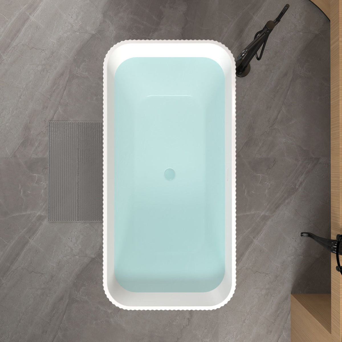 Linear Freestanding Soaker Tub gloss white by HouseOfZazla; top-down view with blue interior on Tampa Home & Garden Store
