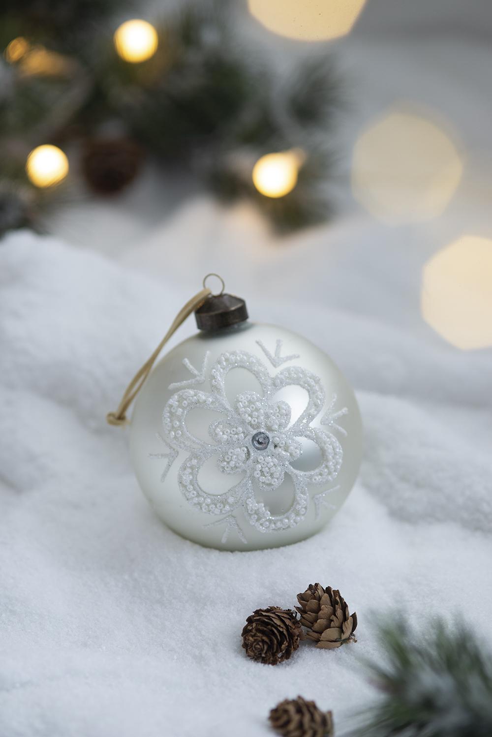 Christmas ball ornament white glass with silver beaded floral pattern hanging on Tampa Home & Garden Store