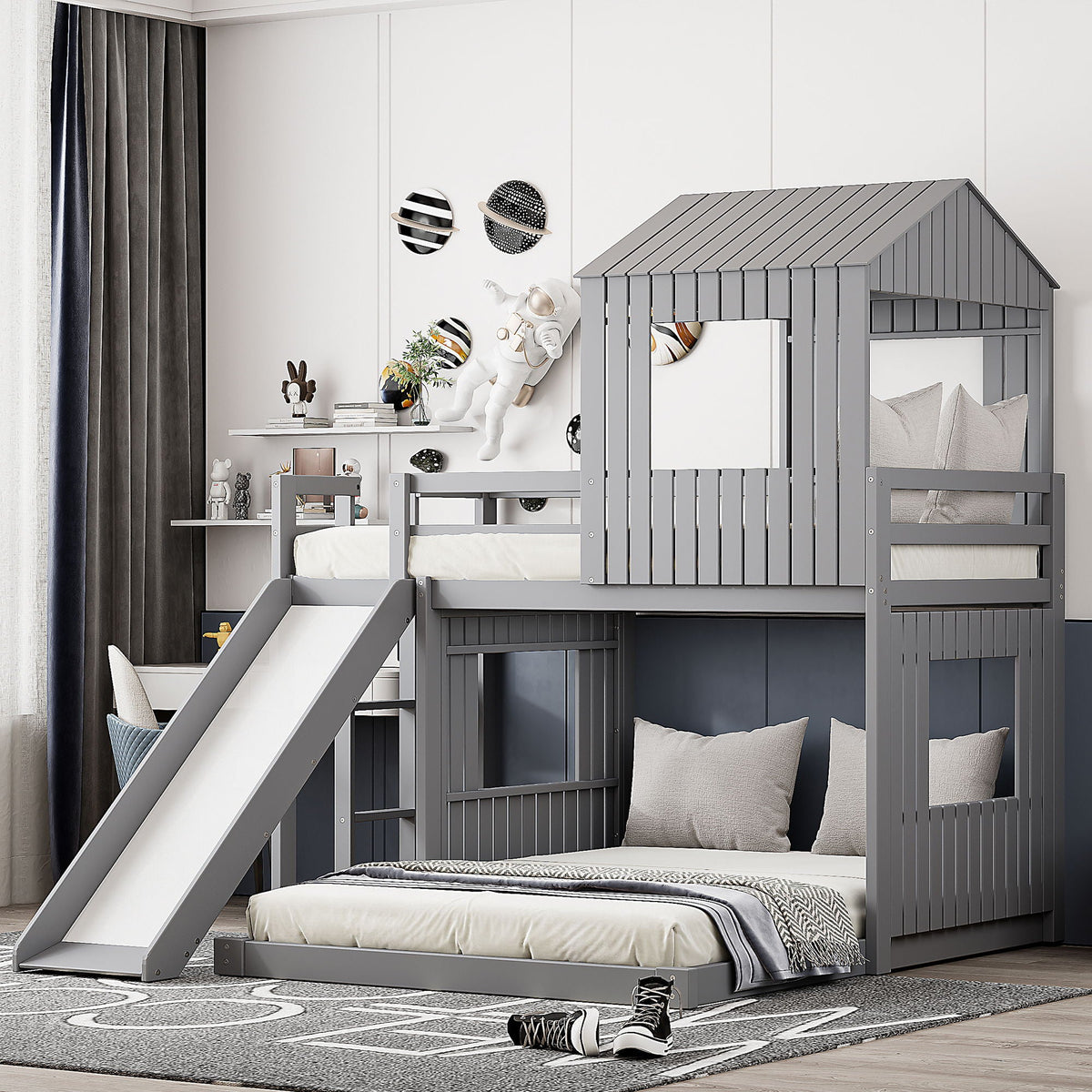 Loft Bunk Bed With Playhouse in gray wood finish with slide, ladder and guardrails HouseOfZazla on Tampa Home & Garden Store