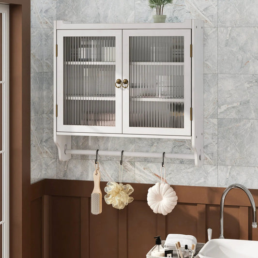 Vintage whitewashed double door wall cabinet with three-tier storage and towel rack on Tampa Home & Garden Store