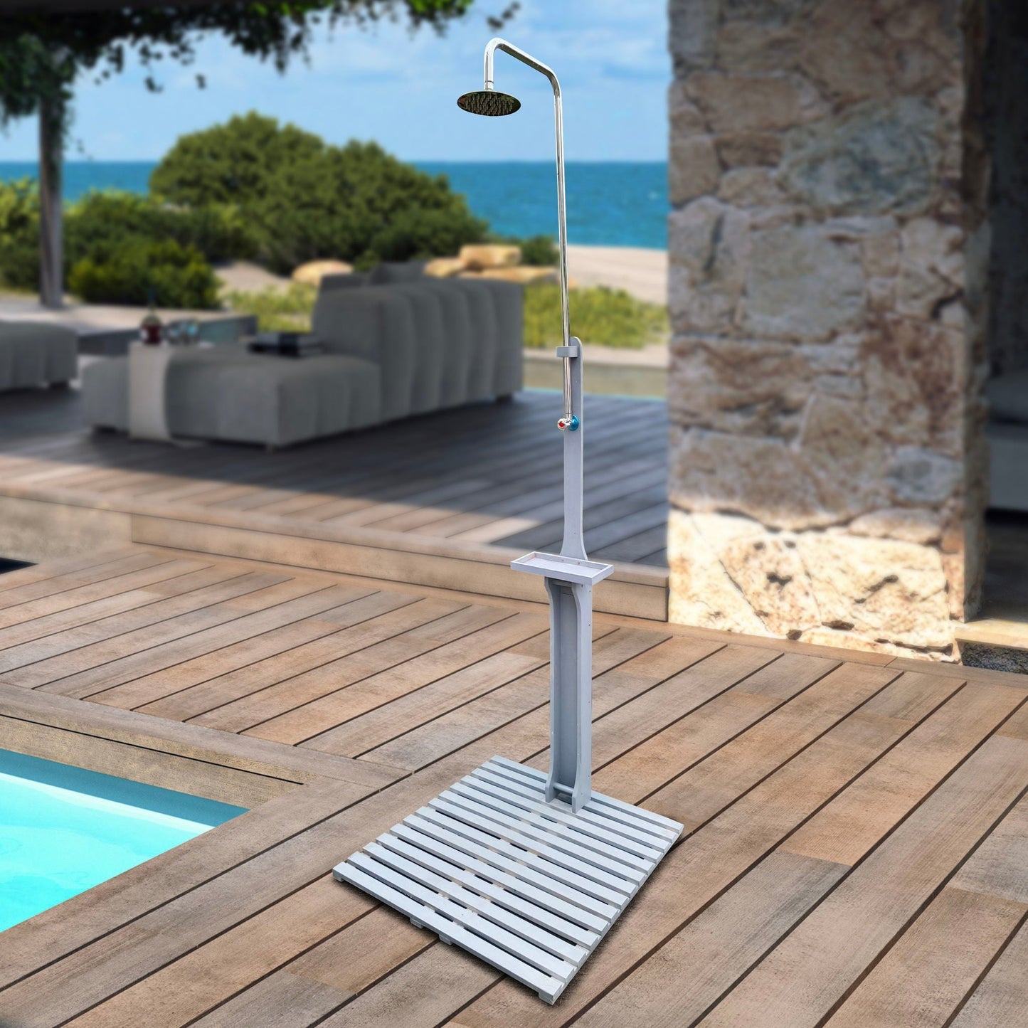 Outdoor Garden Pool Shower on chrome pole with round head mounted on wooden deck on Tampa Home & Garden Store
