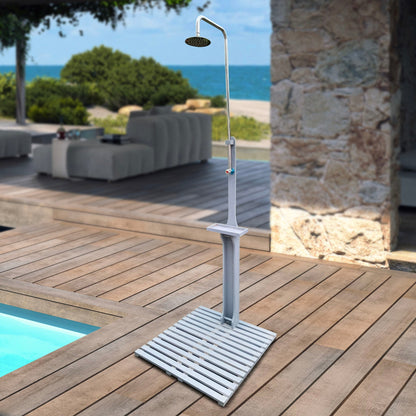 Outdoor Garden Pool Shower on chrome pole with round head mounted on wooden deck on Tampa Home & Garden Store